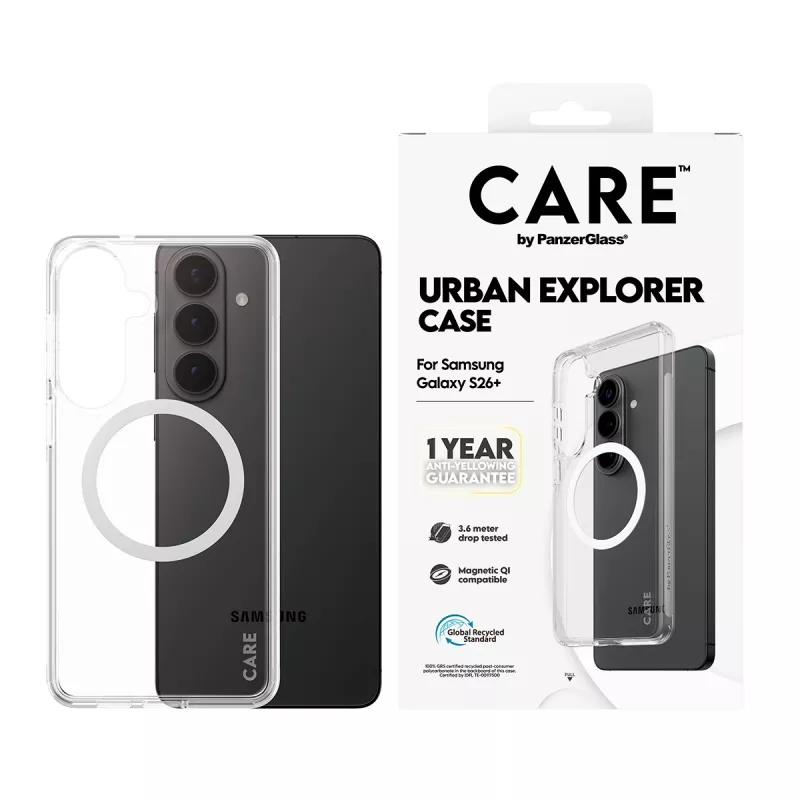 Apsauginis dėklas PanzerGlass CARE Urban Explorer dėklas Samsung Galaxy S26+ — permatomas, balti Qi elementai