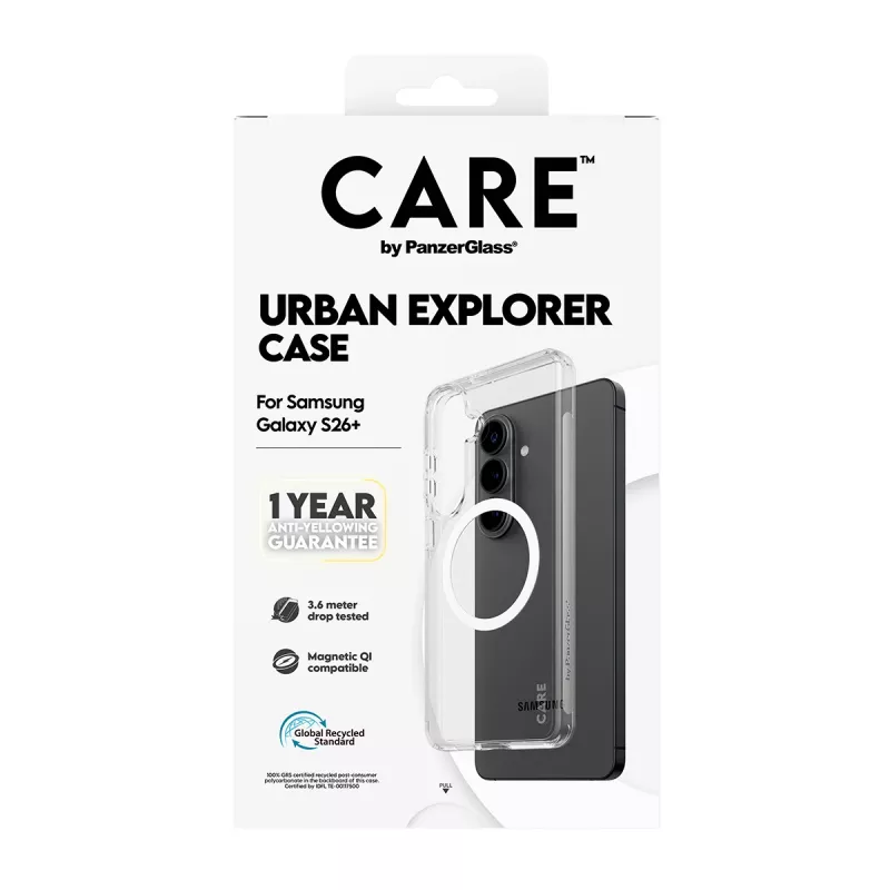 Apsauginis dėklas PanzerGlass CARE Urban Explorer dėklas Samsung Galaxy S26+ — permatomas, balti Qi elementai