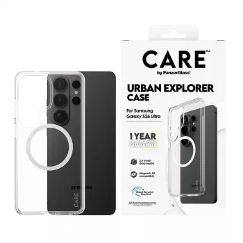 Telefono dėklas PanzerGlass CARE™ by Urban Explorer — Skaidrus dangtelis su White Qi, skirtas Samsung Galaxy S26 Ultra