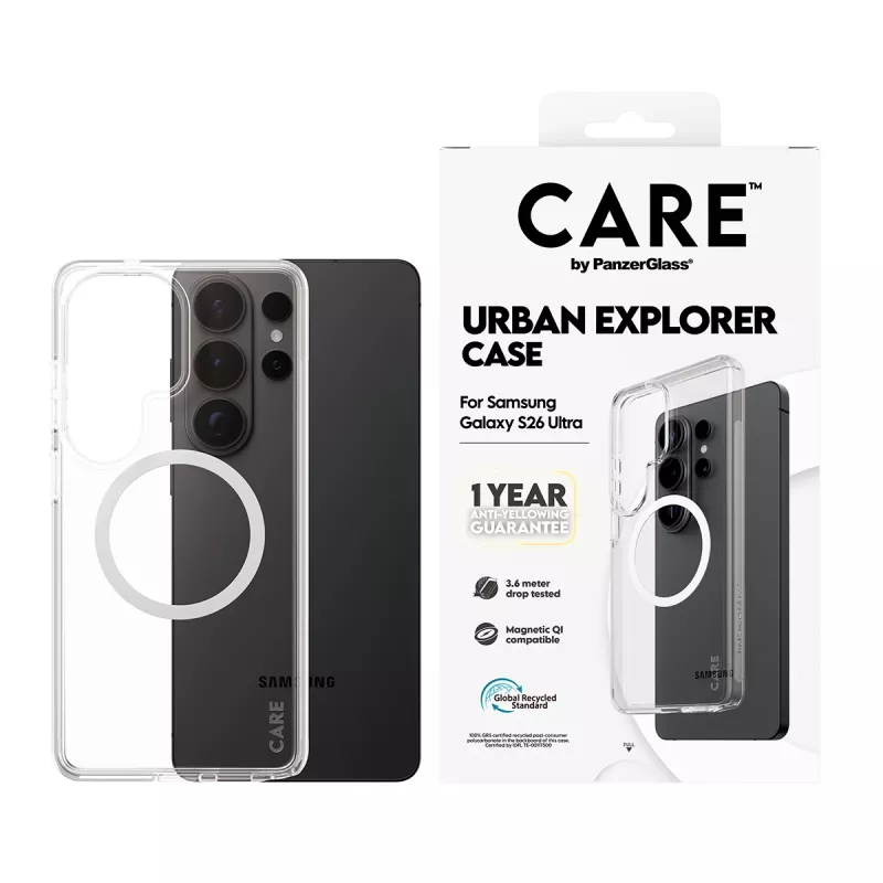 Telefono dėklas PanzerGlass CARE™ by Urban Explorer — Skaidrus dangtelis su White Qi, skirtas Samsung Galaxy S26 Ultra