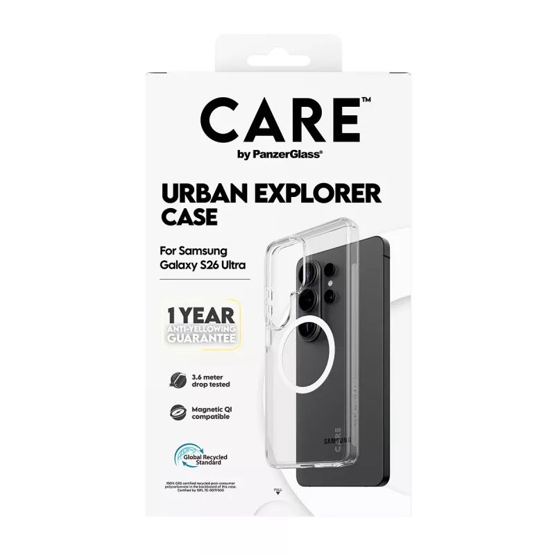 Telefono dėklas PanzerGlass CARE™ by Urban Explorer — Skaidrus dangtelis su White Qi, skirtas Samsung Galaxy S26 Ultra