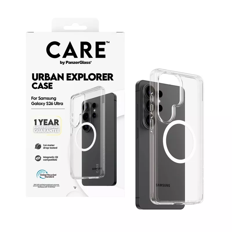 Telefono dėklas PanzerGlass CARE™ by Urban Explorer — Skaidrus dangtelis su White Qi, skirtas Samsung Galaxy S26 Ultra