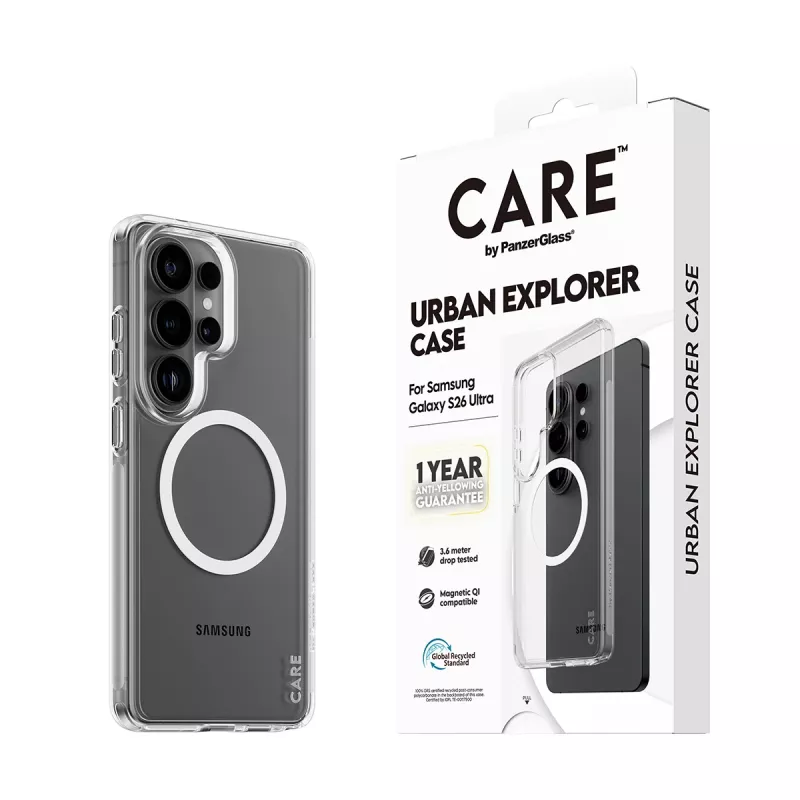 Telefono dėklas PanzerGlass CARE™ by Urban Explorer — Skaidrus dangtelis su White Qi, skirtas Samsung Galaxy S26 Ultra