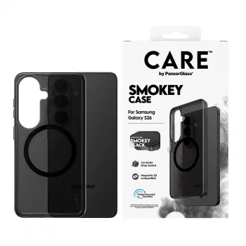 Apsauginis telefono dėklas PanzerGlass CARE™ Smokey Case su juodąja Qi, skirtas Samsung Galaxy S26