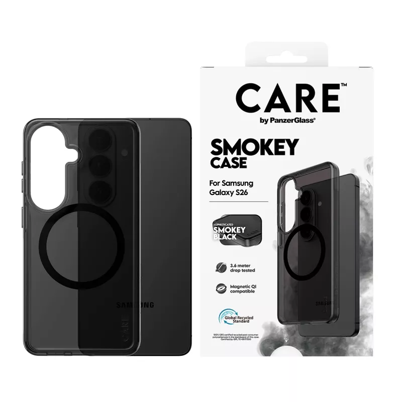Apsauginis telefono dėklas PanzerGlass CARE™ Smokey Case su juodąja Qi, skirtas Samsung Galaxy S26