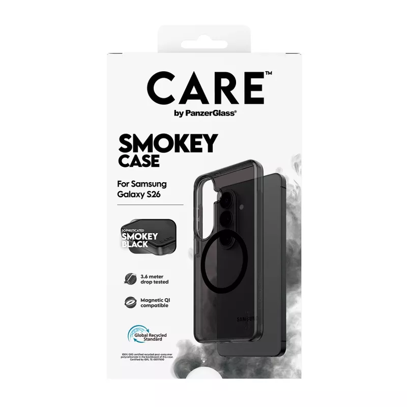 Apsauginis telefono dėklas PanzerGlass CARE™ Smokey Case su juodąja Qi, skirtas Samsung Galaxy S26