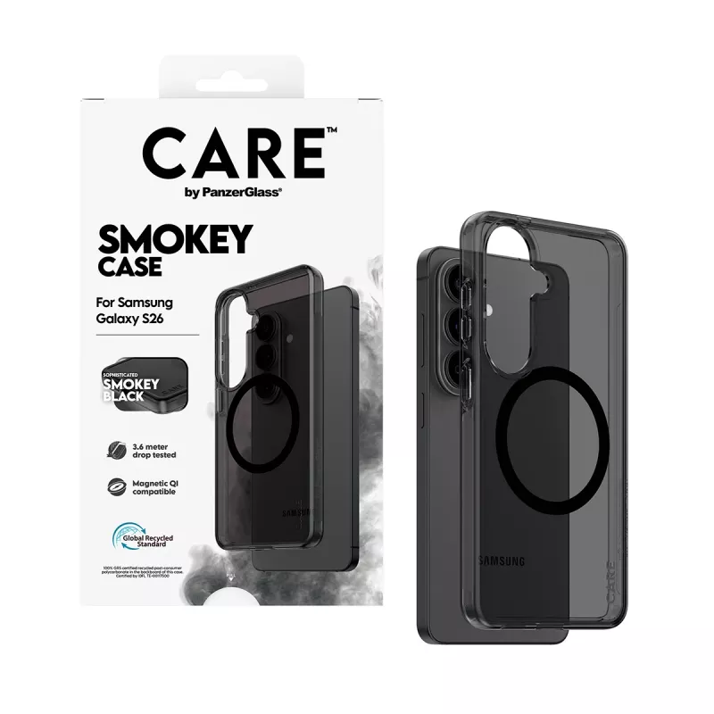 Apsauginis telefono dėklas PanzerGlass CARE™ Smokey Case su juodąja Qi, skirtas Samsung Galaxy S26