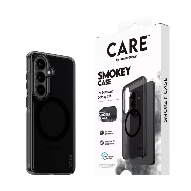 Apsauginis telefono dėklas PanzerGlass CARE™ Smokey Case su juodąja Qi, skirtas Samsung Galaxy S26