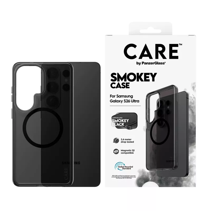 Apsauginis dėklas PanzerGlass CARE Urban Explorer Case Smokey su juoda Qi, skirtas Samsung Galaxy S26 Ultra
