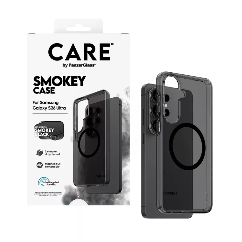 Apsauginis dėklas PanzerGlass CARE Urban Explorer Case Smokey su juoda Qi, skirtas Samsung Galaxy S26 Ultra