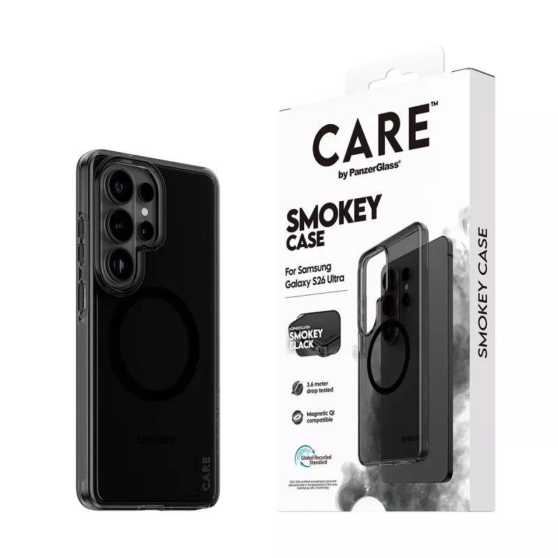 Apsauginis dėklas PanzerGlass CARE Urban Explorer Case Smokey su juoda Qi, skirtas Samsung Galaxy S26 Ultra