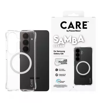 Apsauginis telefono dėklas PanzerGlass CARE Samba permatomas su baltu Qi skirtas Samsung Galaxy S26