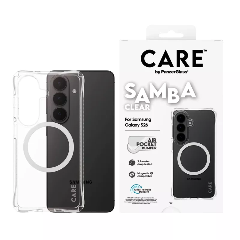 Apsauginis telefono dėklas PanzerGlass CARE Samba permatomas su baltu Qi skirtas Samsung Galaxy S26