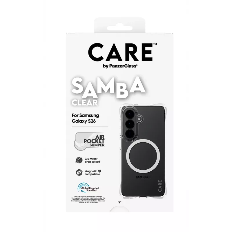 Apsauginis telefono dėklas PanzerGlass CARE Samba permatomas su baltu Qi skirtas Samsung Galaxy S26