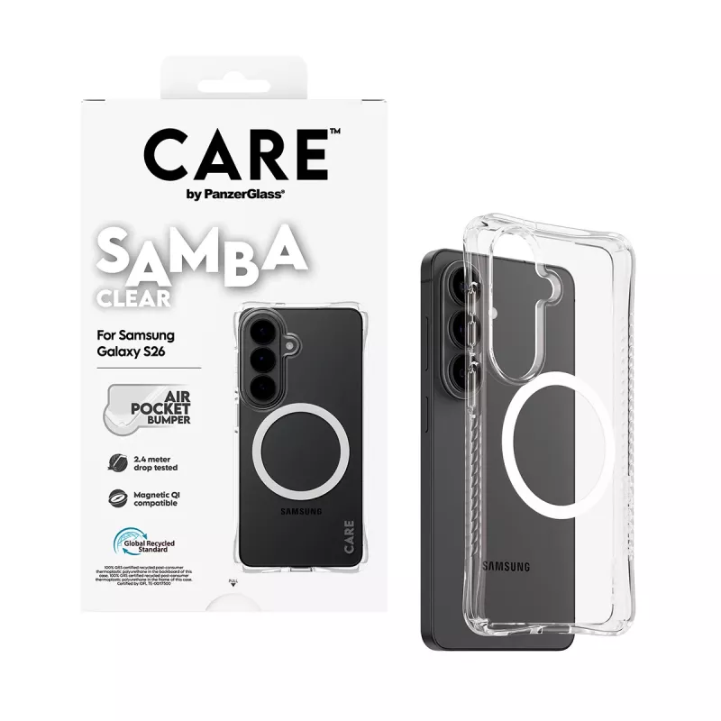 Apsauginis telefono dėklas PanzerGlass CARE Samba permatomas su baltu Qi skirtas Samsung Galaxy S26
