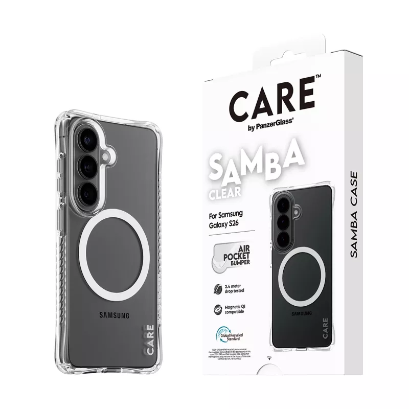 Apsauginis telefono dėklas PanzerGlass CARE Samba permatomas su baltu Qi skirtas Samsung Galaxy S26