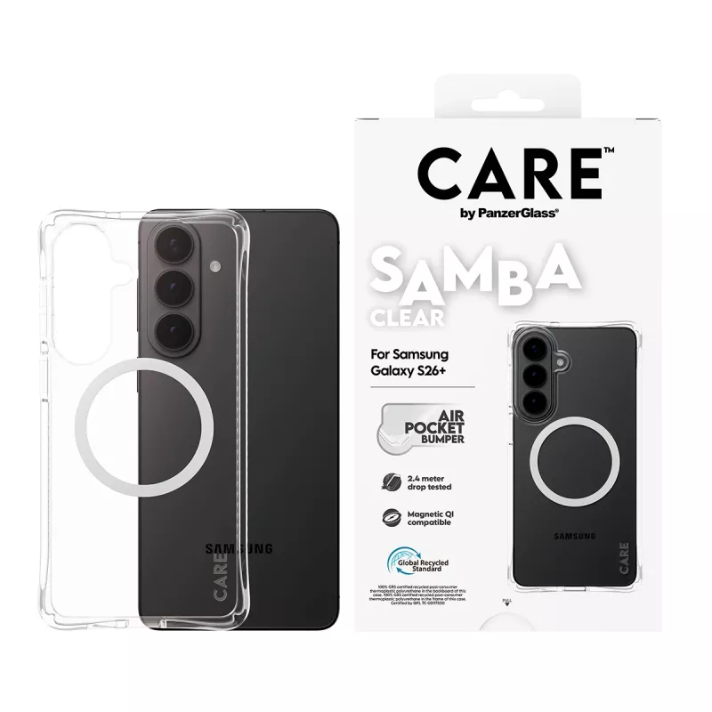 “PanzerGlass CARE™ by ® Samba” dėklas permatomas su baltu Qi Samsung Galaxy S26+