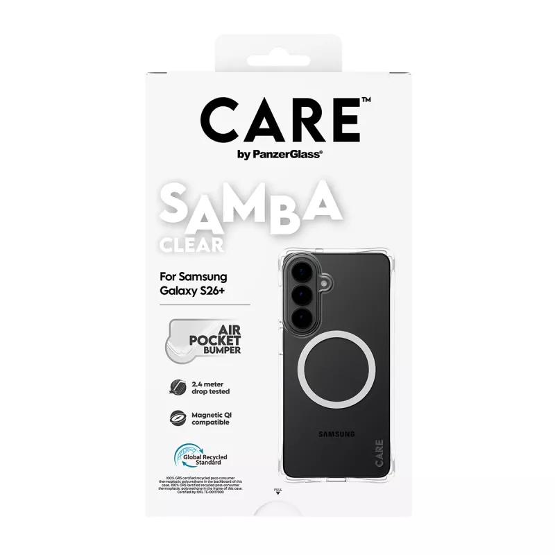 “PanzerGlass CARE™ by ® Samba” dėklas permatomas su baltu Qi Samsung Galaxy S26+