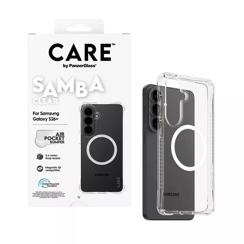 “PanzerGlass CARE™ by ® Samba” dėklas permatomas su baltu Qi Samsung Galaxy S26+
