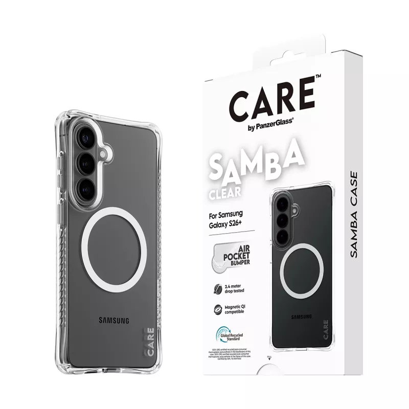 “PanzerGlass CARE™ by ® Samba” dėklas permatomas su baltu Qi Samsung Galaxy S26+