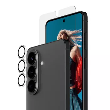 PanzerGlass ekrano apsaugos rinkinys, skirtas Samsung Galaxy S26 — Hoops 2-in-1 Ultra-Wide Fit, grūdintas stiklas + PET/silikoniniai sluoksniai