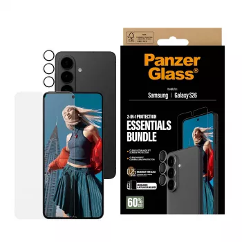 PanzerGlass ekrano apsaugos rinkinys, skirtas Samsung Galaxy S26 — Hoops 2-in-1 Ultra-Wide Fit, grūdintas stiklas + PET/silikoniniai sluoksniai
