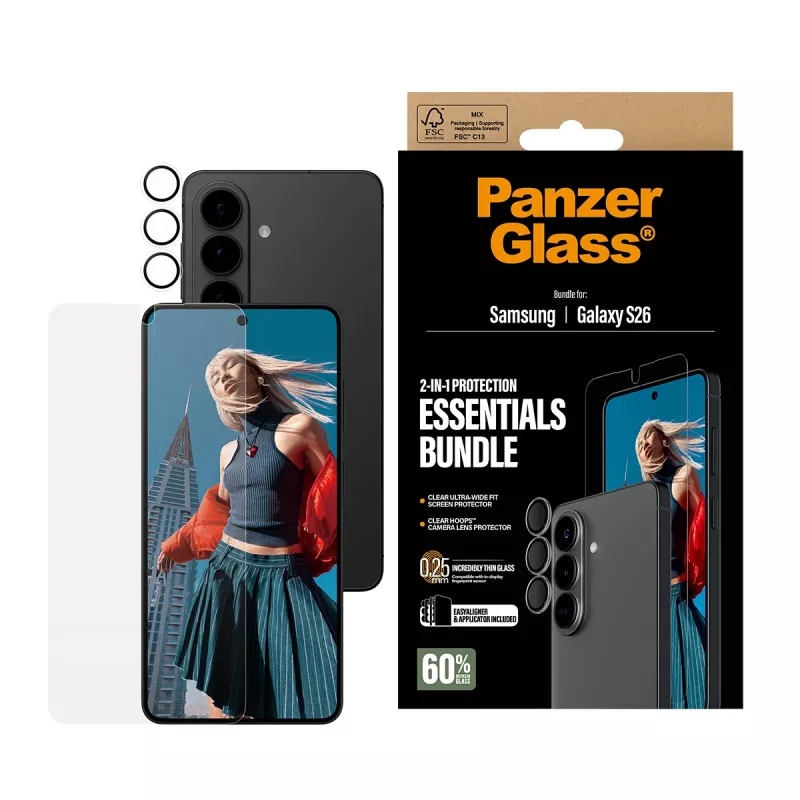 PanzerGlass ekrano apsaugos rinkinys, skirtas Samsung Galaxy S26 — Hoops 2-in-1 Ultra-Wide Fit, grūdintas stiklas + PET/silikoniniai sluoksniai