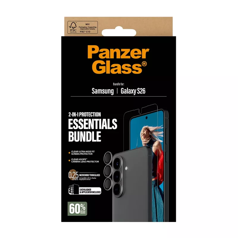 PanzerGlass ekrano apsaugos rinkinys, skirtas Samsung Galaxy S26 — Hoops 2-in-1 Ultra-Wide Fit, grūdintas stiklas + PET/silikoniniai sluoksniai