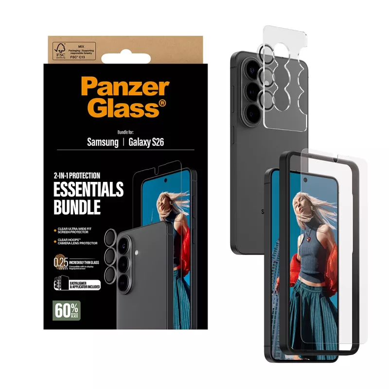 PanzerGlass ekrano apsaugos rinkinys, skirtas Samsung Galaxy S26 — Hoops 2-in-1 Ultra-Wide Fit, grūdintas stiklas + PET/silikoniniai sluoksniai