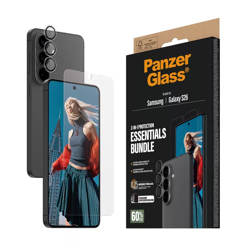 PanzerGlass ekrano apsaugos rinkinys, skirtas Samsung Galaxy S26 — Hoops 2-in-1 Ultra-Wide Fit, grūdintas stiklas + PET/silikoniniai sluoksniai