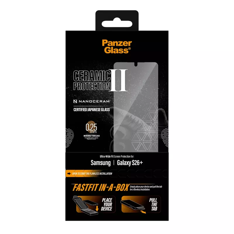 Apsauginė plėvelė PanzerGlass, skirta Samsung Galaxy S26+ — Ceramic Ultra-Wide Fit, grūdintas stiklas PET, FASTFIT
