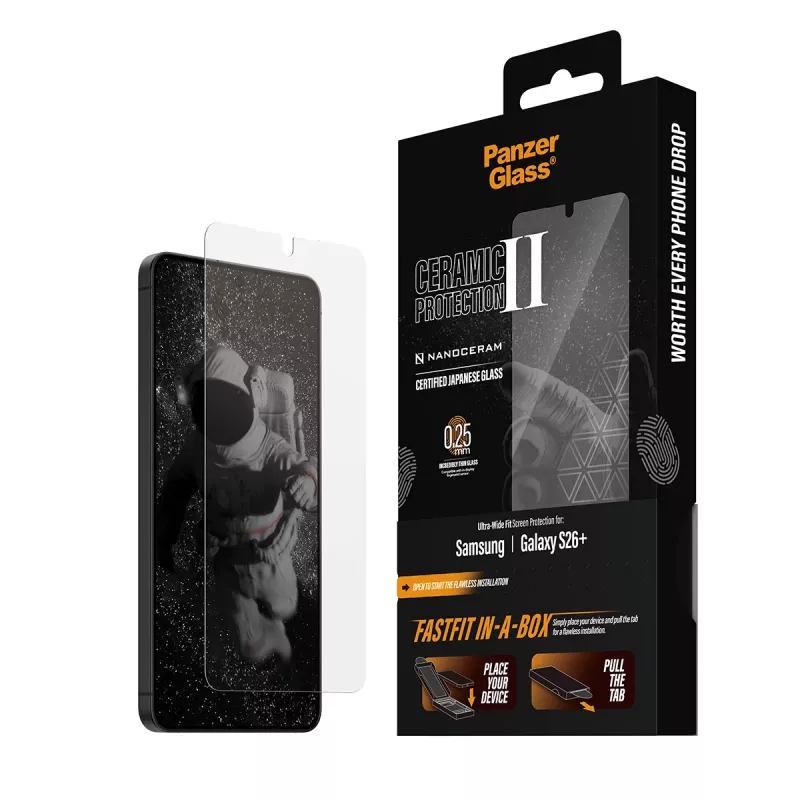Apsauginė plėvelė PanzerGlass, skirta Samsung Galaxy S26+ — Ceramic Ultra-Wide Fit, grūdintas stiklas PET, FASTFIT