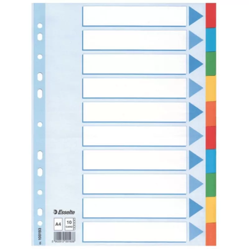 Esselte Divider Cardboard A4 10 Tabs, Blank tab index, Carton, Multicolour, A4, 225 mm, 297 mm