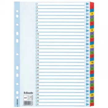 Esselte indeksas 1-31 kartoniniai Mylar skirtukai A4, skaitmeninis skirtukų indeksas, kartonas, įvairiaspalvis, A4, 225 mm, 297 mm