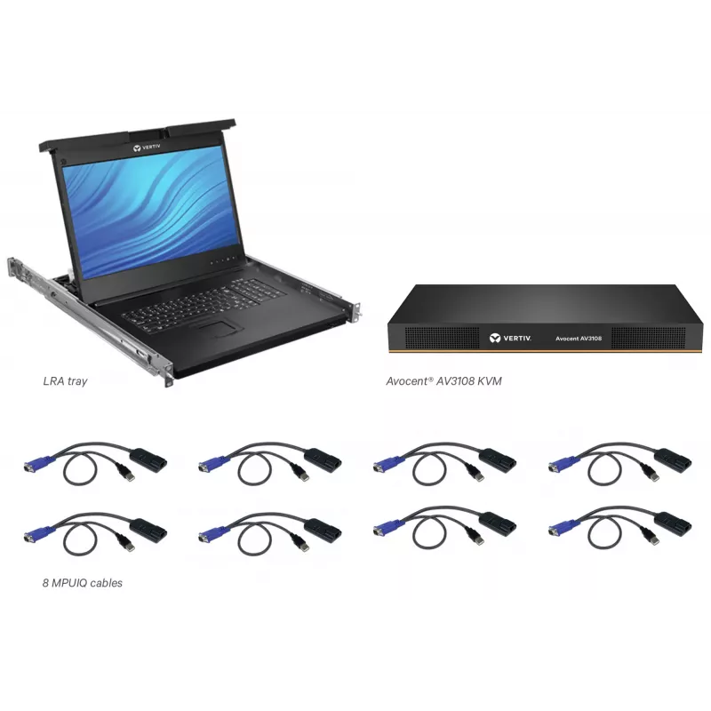 Vertiv Avocent LCD vietinės prieigos prie stovo konsolė, 8 prievadų KVM, 8 kabeliai, USB klaviatūra – vokiška