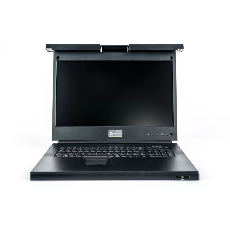 Vertiv Avocent LCD vietinės prieigos prie stovo konsolė, 8 prievadų KVM, 8 kabeliai, USB klaviatūra – vokiška