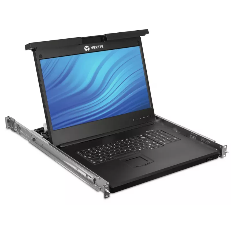 Vertiv Avocent LCD vietinės prieigos prie stovo konsolė, 8 prievadų KVM, 8 kabeliai, USB klaviatūra – vokiška
