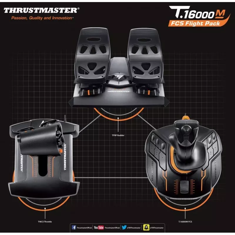 Thrustmaster T-16000M FCS Flight Pack Juoda USB Joystick Analogue / Digital MAC, PC