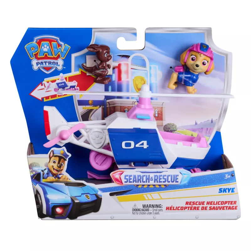 PAW Patrol: Search & Rescue, Skye gelbėjimo sraigtasparnis su 2 figūrėlėmis, herojų sraigtasparnio žaislas su atitraukimo ir paleidimo veiksmu, žaislai vaikams berniukams ir mergaitėms nuo 3 metų
