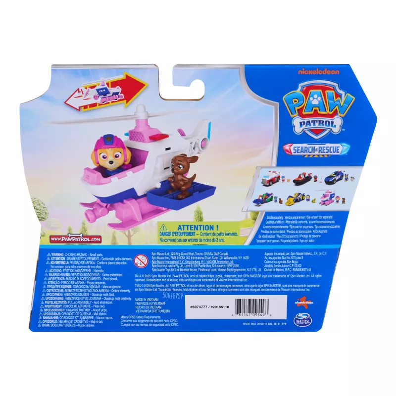 PAW Patrol: Search & Rescue, Skye gelbėjimo sraigtasparnis su 2 figūrėlėmis, herojų sraigtasparnio žaislas su atitraukimo ir paleidimo veiksmu, žaislai vaikams berniukams ir mergaitėms nuo 3 metų