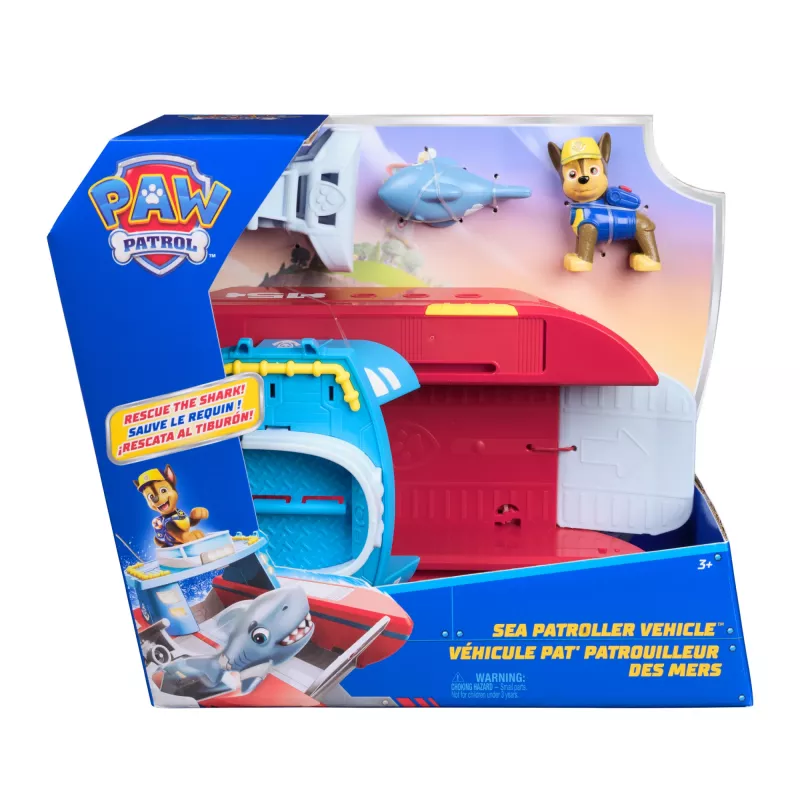 PAW Patrol Sea Patroller Vehicle su Chase ir ryklio figūrėlėmis, 2 patruliavimo režimai, žaislai berniukams ir mergaitėms nuo 3 metų