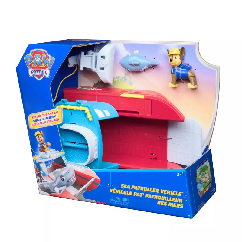PAW Patrol Sea Patroller Vehicle su Chase ir ryklio figūrėlėmis, 2 patruliavimo režimai, žaislai berniukams ir mergaitėms nuo 3 metų