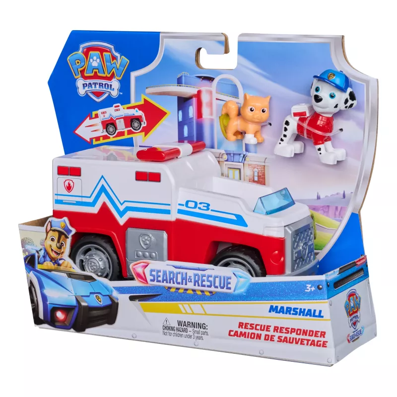 PAW Patrol: Search & Rescue, Marshall Rescue Responder automobilis su 2 figūrėlėmis, žaislinis sunkvežimis su atitraukimo ir paleidimo mechanizmu, žaislai berniukams ir mergaitėms nuo 3 metų