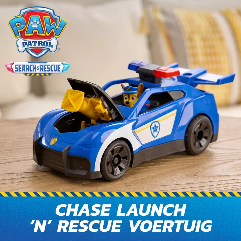 PAW Patrol : Search & Rescue, Chase Launch 'N' Rescue Cruiser su figūrėle ir 2 sviediniais, šviesomis, garsais ir paslėptu paleidimo mechanizmu, vaikiški žaislai berniukams ir mergaitėms nuo 3 metų