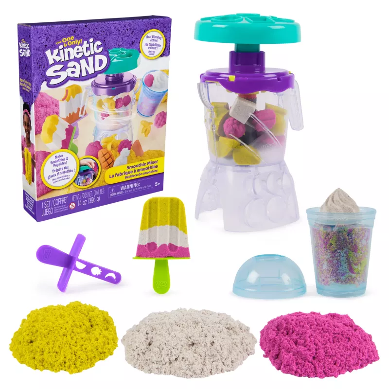 Kinetic Sand, Smoothie Mixer žaidimų rinkinys, Velykų krepšelio priedai, apima 14 oz formuojamo žaidimo smėlio, įrankiai ir ledinuko formelė, žaidimo maisto žaislas