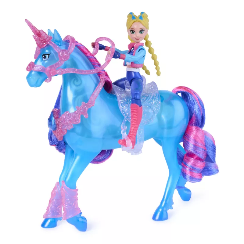 Unicorn Academy, Train & Glow šviečiantis River vienaragis su Isabel, Velykų dovanų idėja, lėlės ir vienaragių žaislai mergaitėms, yra 3 treniravimo priedai