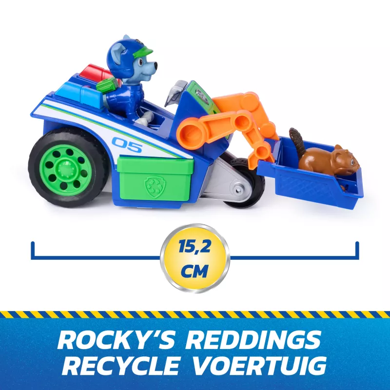 PAW Patrol: Paieška ir gelbėjimas, Rocky gelbėjimo perdirbėjo transporto priemonė su 2 figūrėlėmis, žaislinis automobilis su atitraukimo mechanizmu, vaikiški žaislai berniukams ir mergaitėms nuo 3 metų