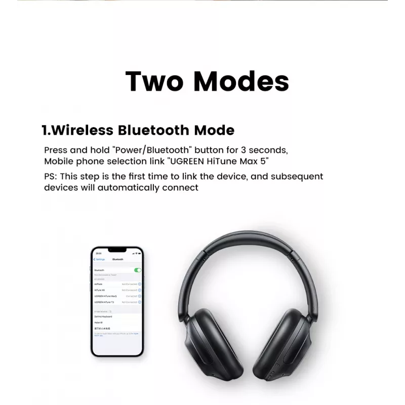 Ugreen HiTune Max5 ausinės su laidu ir bevielės ant galvos dedamos skambučiams/muzikai Bluetooth juodos