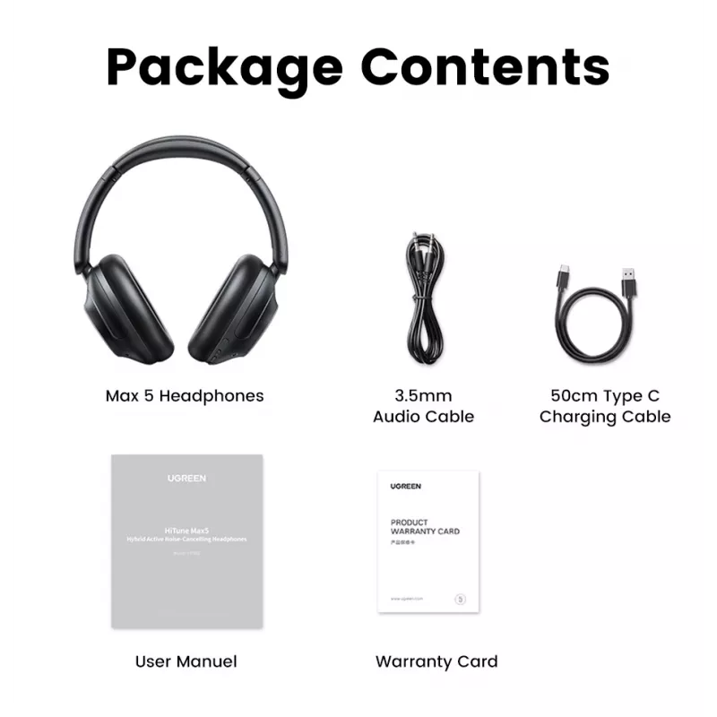 Ugreen HiTune Max5 ausinės su laidu ir bevielės ant galvos dedamos skambučiams/muzikai Bluetooth juodos