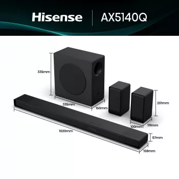 „Hisense AX5140Q“ garso juosta, 5.1.4, „Dolby Atmos“, 600 W RMS, belaidis žemų dažnių garsiakalbis 280 W, juoda